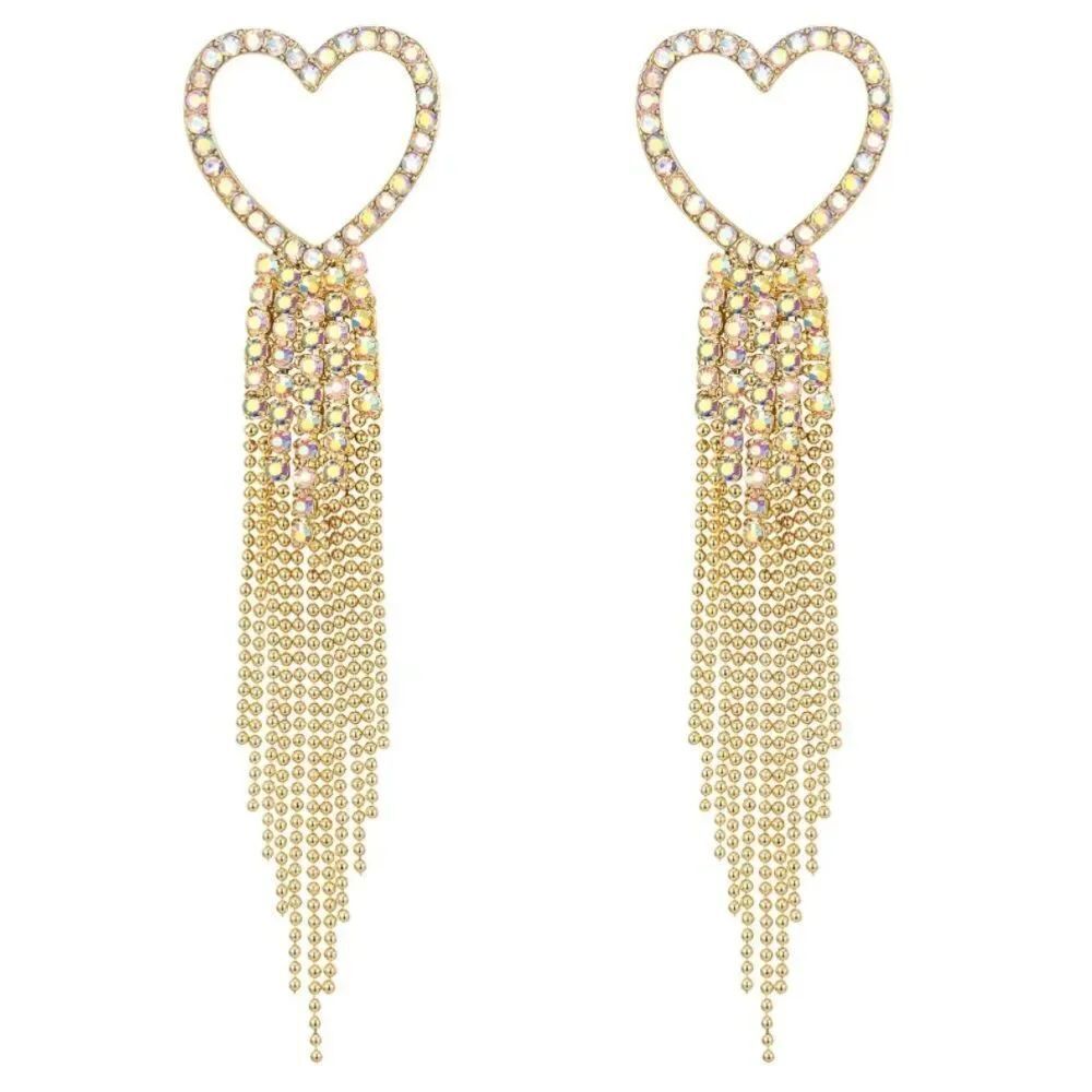 Yellow Gold with Iridescent AB Crystal Heart Beaded Tassel Post Back Earrings